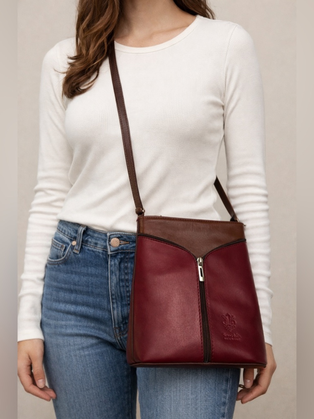 Italian Genuine Leather Vera Pelle Red Brown Crossbody Bag Made in Italy